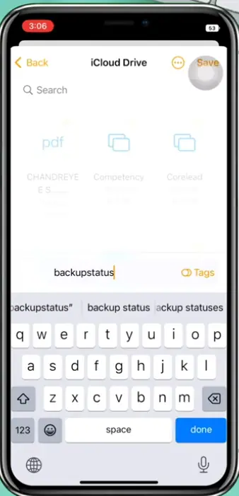 location to save the backup file