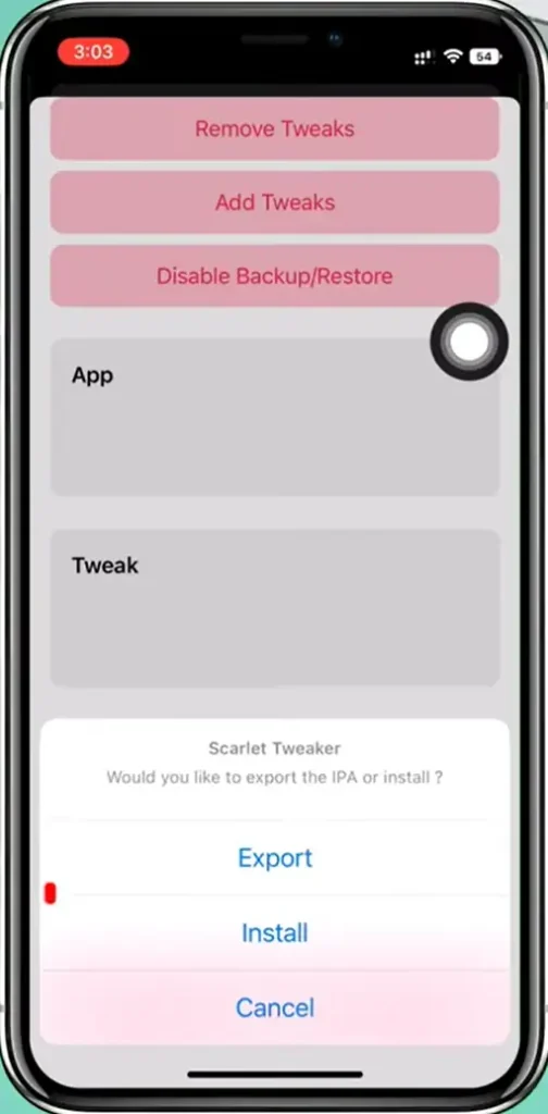 three options export, install and cancel